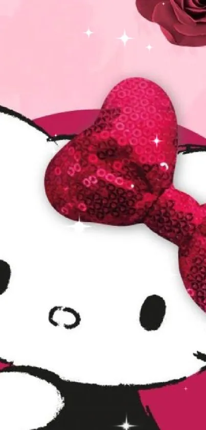 Cute pink character wallpaper with a sparkling red bow.