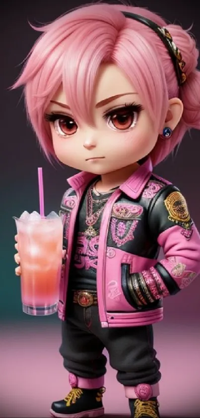 Adorable pink-haired character with a drink in a stylish jacket.