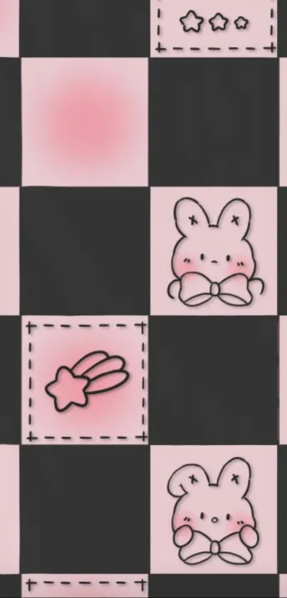 Adorable pink checkerboard wallpaper with bunnies and stars.