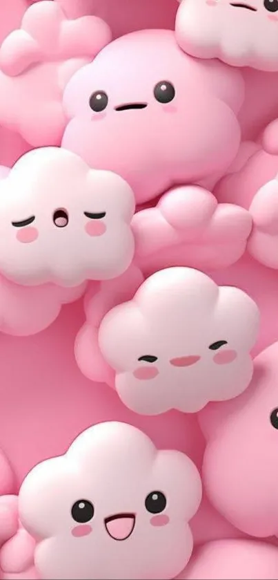 Cute pink cartoon clouds with happy faces.