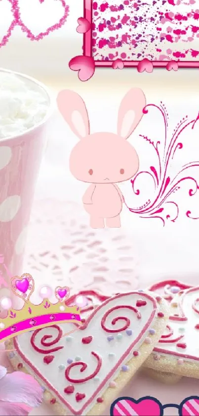 Cute pink-themed wallpaper with a mug and heart cookies.