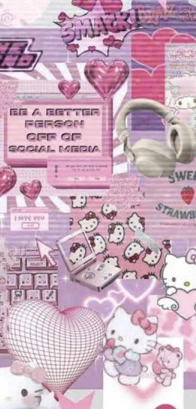 Hello Kitty pink collage wallpaper with hearts and strawberries.