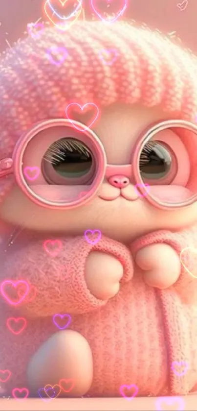 Cute cartoon character in pink sweater and hat with glasses.