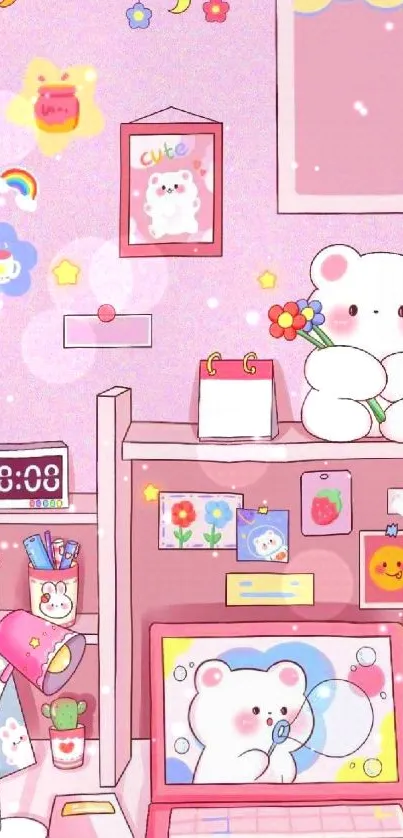 Adorable pink bear wallpaper with kawaii decor elements.