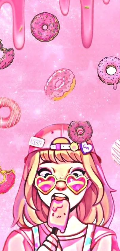 Cute pink wallpaper with girl and donuts.