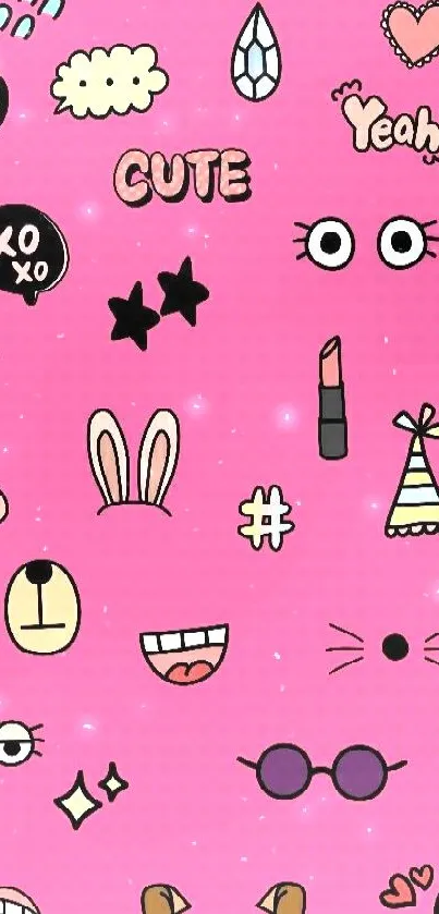 Cute pink doodle wallpaper with whimsical icons.