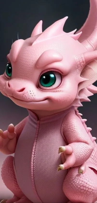 Adorable pink dragon with striking green eyes, ideal for a mobile wallpaper.