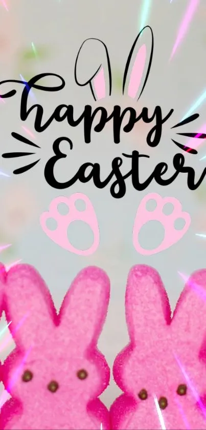 Cute pink Easter wallpaper with bunnies and festive message.