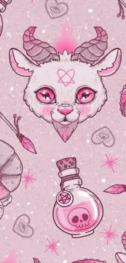 Cute pink fantasy goat wallpaper with magical elements.