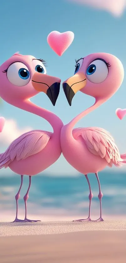Cartoon pink flamingos with hearts by the beach