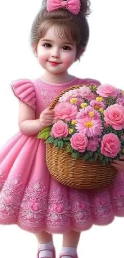 Girl in a pink dress with a basket of flowers.