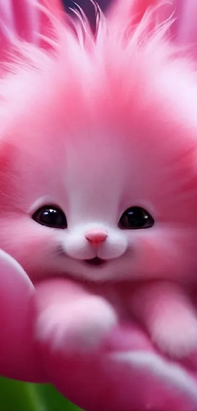 Cute pink fluffy creature inside a tulip flower.