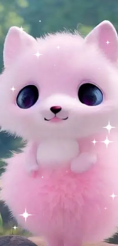 Adorable pink fluffy animal with sparkles, perfect for a cute smartphone wallpaper.