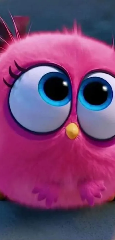 Adorable pink fluffy bird with large blue eyes on a mobile wallpaper.