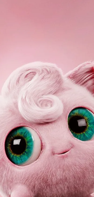 Adorable fluffy pink creature with big eyes on a pink background.