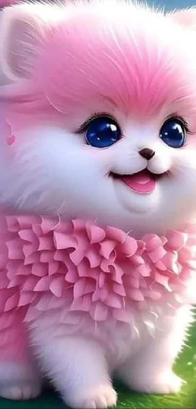 Cute pink fluffy puppy with vibrant floral background.