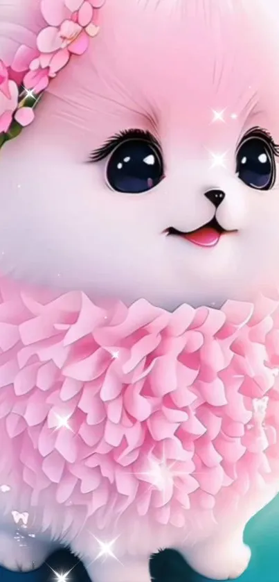 Adorable pink fluffy puppy with sparkles.