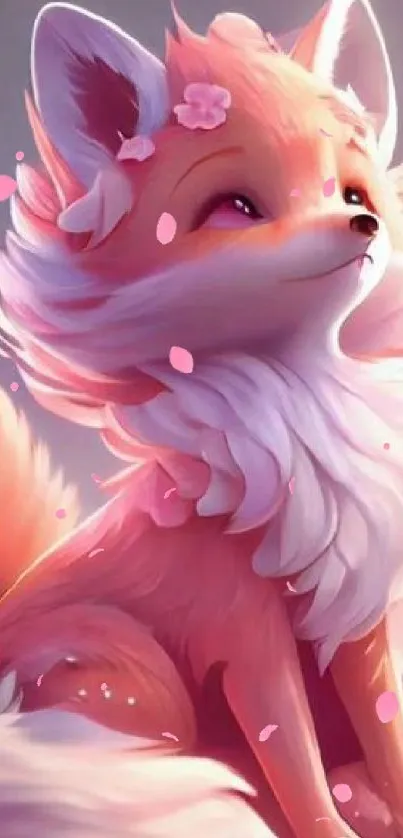 Cute pink fox surrounded by cherry blossoms in fantasy art.