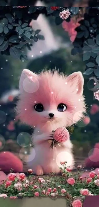 Cute pink fox with flower in a floral garden.