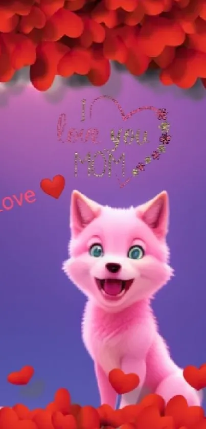 Pink animated fox amidst hearts in a whimsical mobile wallpaper.