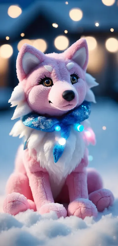 Charming pink fox plush toy with glowing lights in a snowy background.