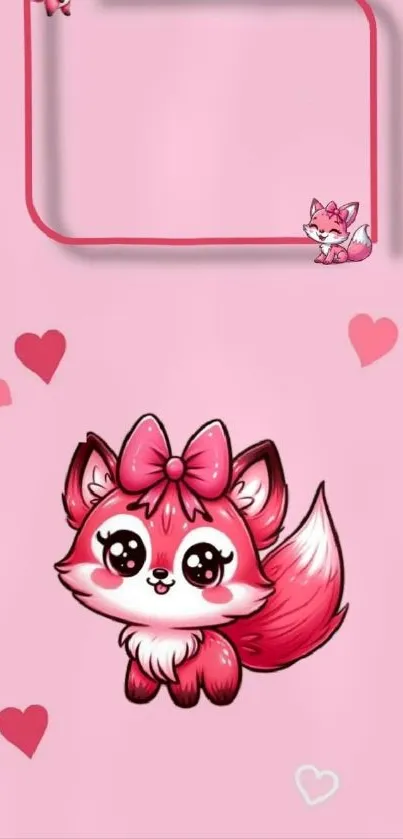 Cute pink fox cartoon with heart decorations.