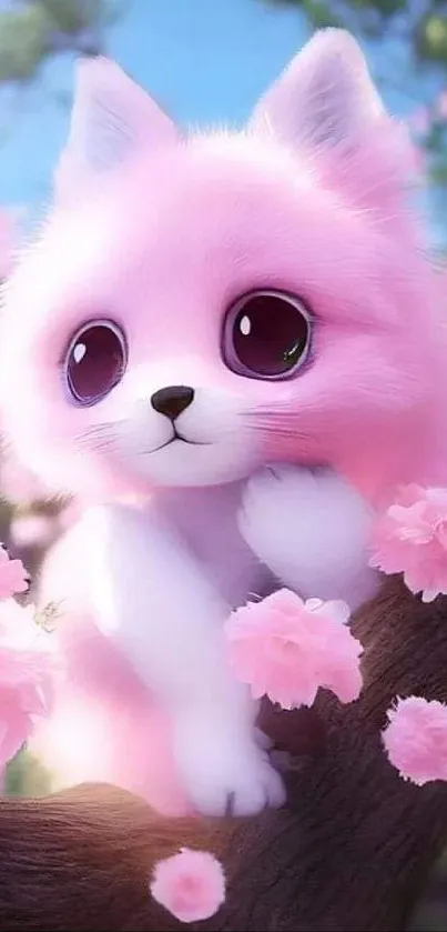 Pink fluffy fox with cherry blossoms on a tree.