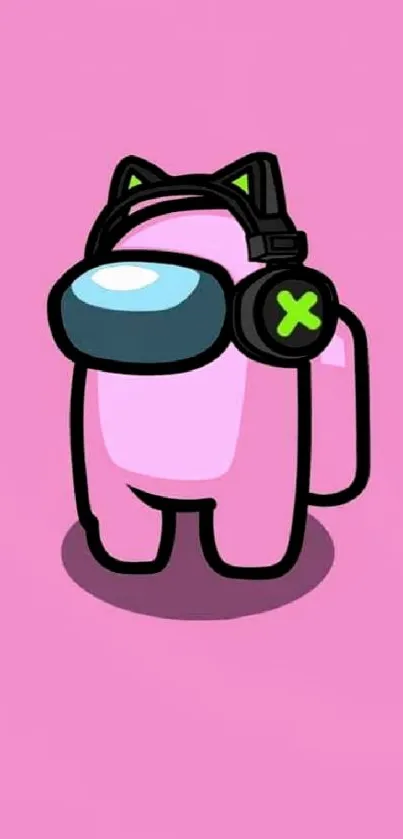 Cute pink character with headphones on a bright pink background.