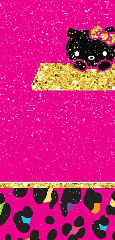 Cute pink wallpaper with glitter and a playful cat design.