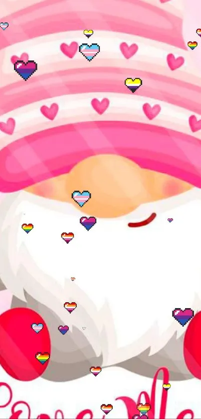 Cute pink gnome with a heart-patterned hat.