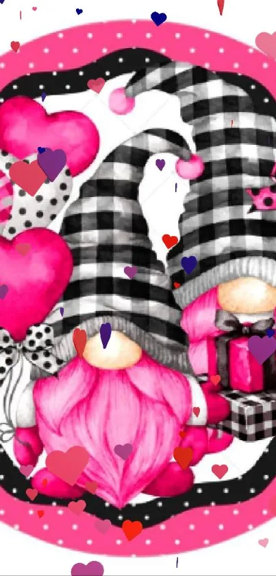 Cute pink gnomes with hearts and gift on a mobile wallpaper.