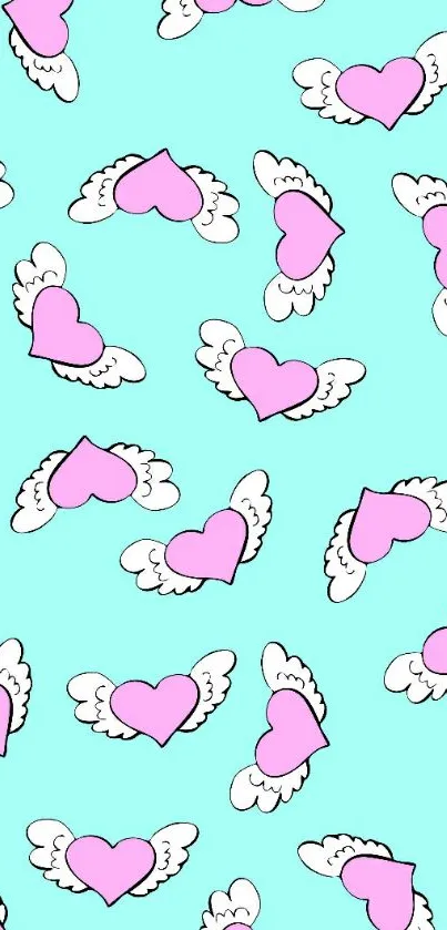 Cute pink hearts with wings on a blue background wallpaper.