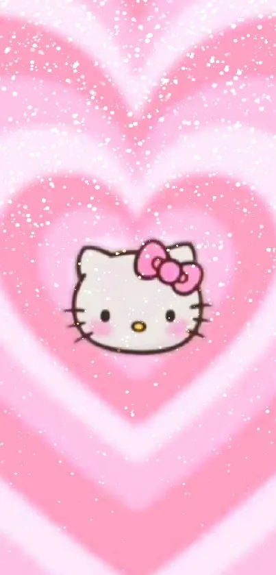 Cute pink heart wallpaper with cartoon cat face.