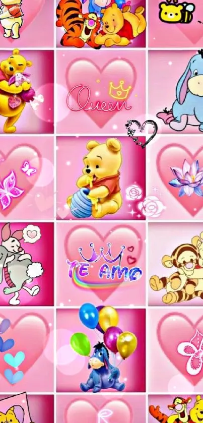 Cute pink wallpaper with hearts and cartoon characters.