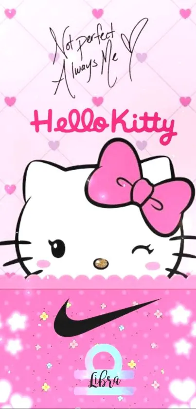 Hello Kitty with pink hearts and bow on wallpaper.