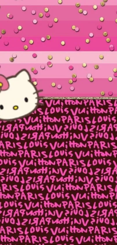 Cute pink Hello Kitty wallpaper with glitter and stripes design.