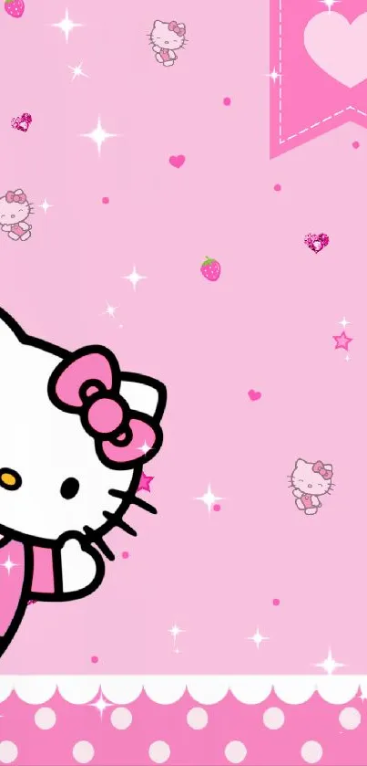 Hello Kitty on pink background with hearts and strawberries.