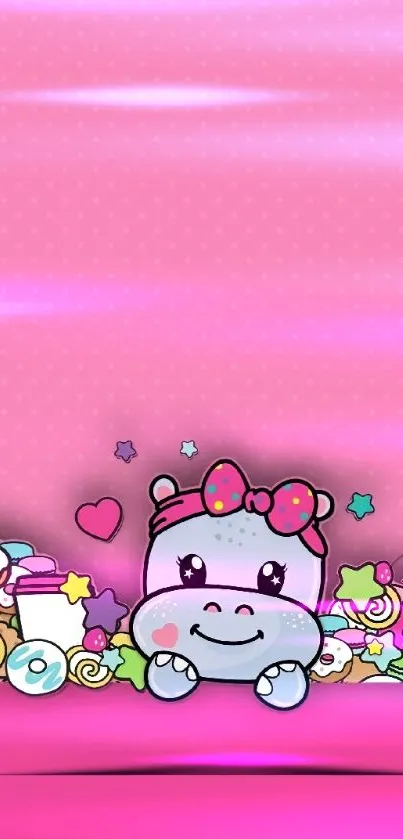 Cute hippo with candies on a pink background wallpaper.