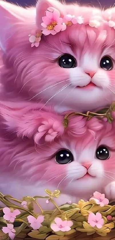 Two adorable pink kittens with flowers in a basket, cute mobile wallpaper.