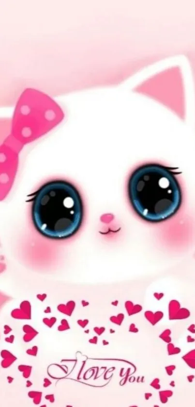 Cute cartoon kitten with pink bow and heart motif wallpaper.