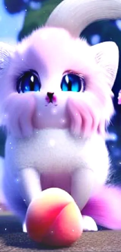 A cute pink fluffy kitten with blue eyes and a ball in a whimsical setting.