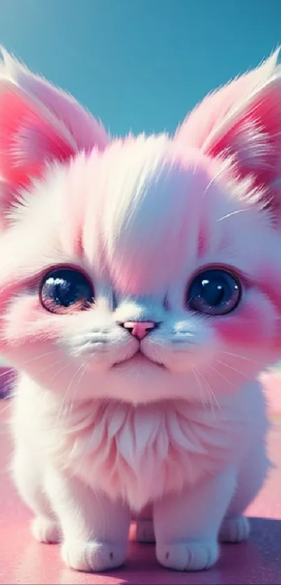 Adorable pink kitten with big blue eyes on a pastel background.