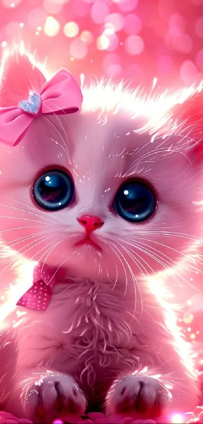 Cute furry pink kitten with bow glowing in bokeh light.