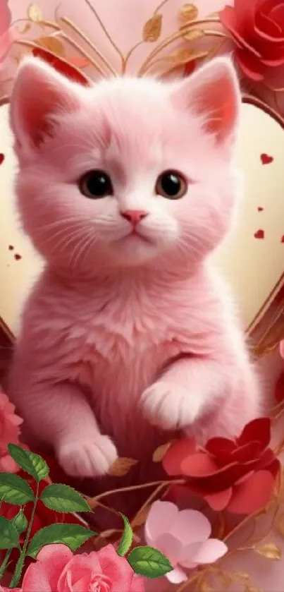 Adorable pink kitten with floral heart background.