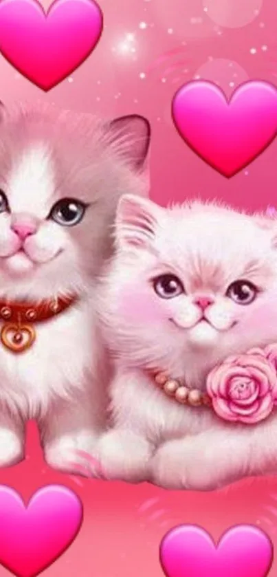 Cute pink kittens with hearts wallpaper.