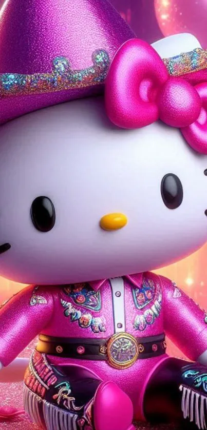Pink kitty dressed as a cowboy on wallpaper.