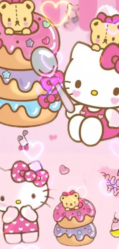 Cute pink Hello Kitty with doughnuts wallpaper.