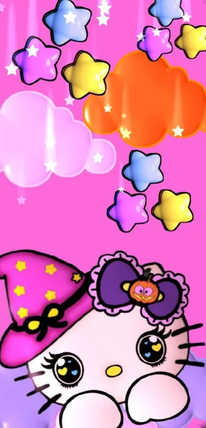 Cute pink wallpaper with kitty, stars, and clouds.