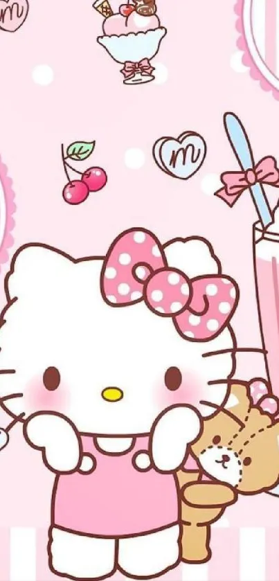 Adorable pink kitty with cherry and polka dot themes on mobile wallpaper.