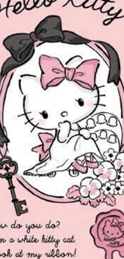 Cute pink kitty wallpaper with a key and flowers.